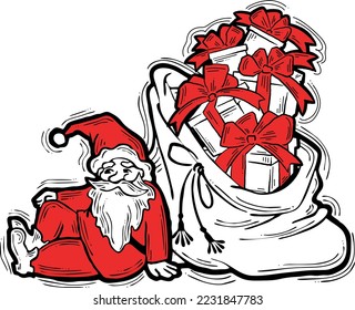 Decorative vector composition. Santa Claus, his big sack full of gifts. Christmas, New Year composition for banner design, party invitation. Hand drawn illustration, cartoon style character drawing.