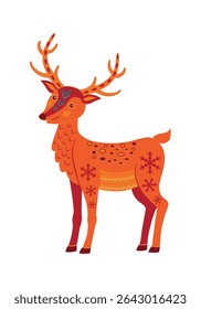 Decorative vector deer decorated with Scandinavian style patterns. Festive vector design for Christmas textiles, wrapping paper and children's decor. Minimalistic cartoon style.
