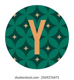 A decorative vector design with the letter Y highlighted in gold. Set on a green circular background featuring a seamless flower-like pattern. Sophisticated and artistic.