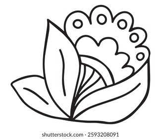 Decorative vector doodle graphic flower with leaves. Magical cute hand drawn flower