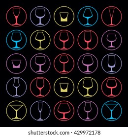 Decorative vector drinking glasses collection. Set of celebration goblets, simple glassware, can be used in graphic and web design.