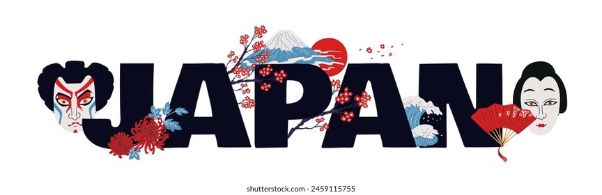 Decorative vector editable text design about Japan with Kabuki Theater actors, Mount Fujiyama, sakura, sea and bright sun on a white background. Perfect for posters about Japanese culture