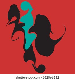 Decorative vector element with abstract twirls of paint on a red background. Vigorous and dynamic
