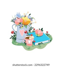 Decorative vector elements. Cute simple books, cup of coffee or tea, flower bouquet . Tea time set with flowers. Spring or summer flowers. Bright and colorful botanical print,