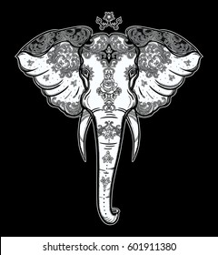 Decorative vector elephant with beautiful ornaments. Ideal ethnic background, tattoo art, yoga, African, Indian, Thai, spirituality, boho design. Use for print, posters t-shirts textiles
