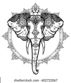 Decorative vector elephant with beautiful ornaments. Ideal ethnic background, tattoo art, yoga, African, Indian, Thai, spirituality, boho design. Use for print, posters t-shirts textiles
