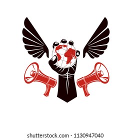Decorative vector emblem composed with muscular raised clenched fist holding globe, liberty wings and megaphones. Politics and authority as the components of propaganda.