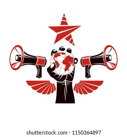 Decorative vector emblem composed with muscular raised clenched fist holding globe, liberty wings and megaphones. Global authority as the means of political and social influence.