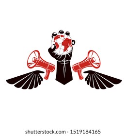 Decorative vector emblem composed with muscular raised clenched fist holding globe, liberty wings and megaphones. Politics and authority as the components of propaganda.