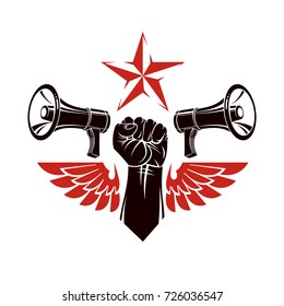 Decorative vector emblem composed with muscular raised clenched fist, bird wings and loudspeakers. Power of social message, revolution idea symbol can be used as tattoo.