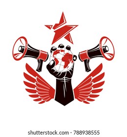 Decorative vector emblem composed with muscular raised clenched fist holding globe, liberty wings and megaphones. Global authority as the means of political and social influence.