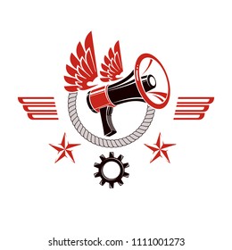 Decorative vector emblem composed with winged loudspeaker and rope. Propaganda as the means of manipulation and control, no restrictions conceptual emblem.