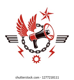 Decorative vector emblem composed with winged loudspeaker and chain. Propaganda as the means of manipulation and control, freedom for the prisoners.