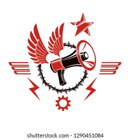 Decorative vector emblem composed with winged loudspeaker and crown of thorns. Propaganda as the means of manipulation and control, no restrictions conceptual emblem.