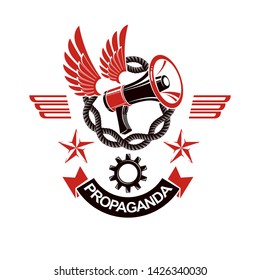 Decorative vector emblem composed with winged loudspeaker and chain. Propaganda as the means of manipulation and control, freedom for the prisoners.