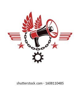Decorative vector emblem composed with winged loudspeaker and chain. Propaganda as the means of manipulation and control, freedom for the prisoners.