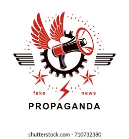Decorative vector emblem composed with winged loudspeaker and gear symbol. Social revolution concept, working class protest. 