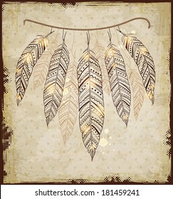 Decorative vector ethnic background with feathers