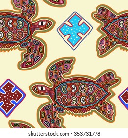 Decorative Vector Ethnic Seamless Pattern in Mola Art Form of Kuna Indians. Ethno. Mola Style. Turtle. The Art Of Ancient Indians.