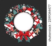 Decorative Vector Flat Design Christmas Wreath Christmas Background Template Isolated on White Background New Year Wreath with Christmas decorations. Holiday entrance door shops and markets decoration