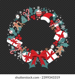 Decorative Vector Flat Design Christmas Wreath Christmas Background Template Isolated on White Background New Year Wreath with Xmas decorations. Holiday entrance door shops and markets decoration