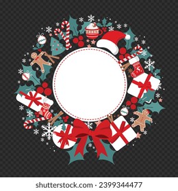 Decorative Vector Flat Design Christmas Wreath Christmas Background Template Isolated on White Background New Year Wreath with Christmas decorations. Holiday entrance door shops and markets decoration