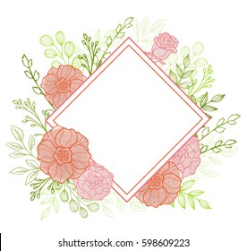 Decorative vector floral background with pink flowers and green leaves