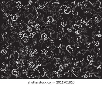 Decorative vector floral background from textured contours various curved twigs with leaves and tendrils