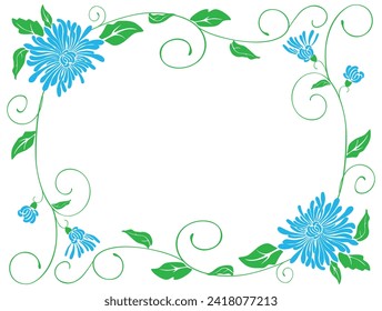 Decorative vector floral frame from blue chrysanthemums with buds,green leaves,tendrils, decoration for greeting cards, invitations