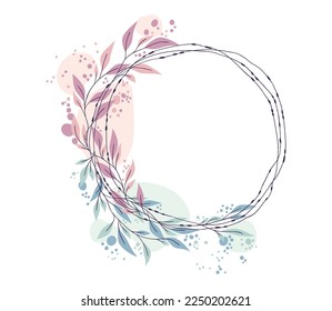 Decorative vector floral frame made of thin twigs and pink blue leaves with dots and spots.