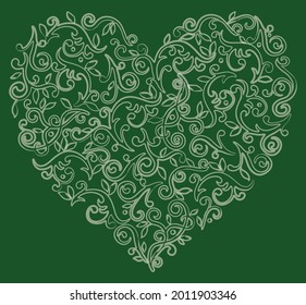 Decorative vector floral heart shape from textured contours curved twigs with leaves and tendrils