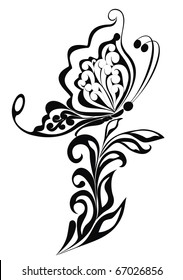 Decorative vector floral ornament with butterfly, element for design