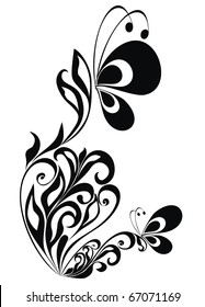 Decorative vector floral ornament with butterfly, element for design