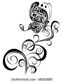Decorative vector floral ornament with butterfly, element for design