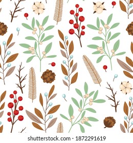 Decorative vector floral seamles pattern with winter evergreen plants on a white background. New year and Christmas design.