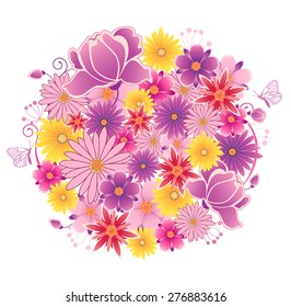 Decorative vector flowering planet with  pink and violet flowers