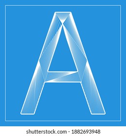 Decorative vector font. Beautiful stylized letter A. Isolated white linear symbol on light blue background. Can be used for posters, decorative lettering, embossing template.