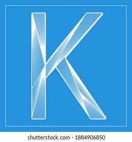 Fuente vectorial decorativa. Hermosa letra estilizada K. Símbolo lineal blanco aislado sobre fondo azul. Se puede usar para afiches, letras decorativas, plantillas de empotrado.