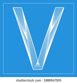 Decorative vector font. Beautiful stylized letter V. Isolated white linear symbol on blue background. Can be used for posters, decorative lettering, embossing template.