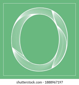 Decorative vector font. Beautiful stylized letter O. Isolated white linear symbol on green background. Can be used for posters, decorative lettering, embossing template.
