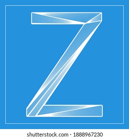 Decorative vector font. Beautiful stylized letter Z. Isolated white linear symbol on blue background. Can be used for posters, decorative lettering, embossing template.