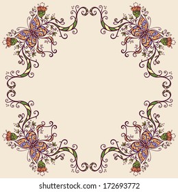 Decorative vector frame with butterflies, flowers and curls