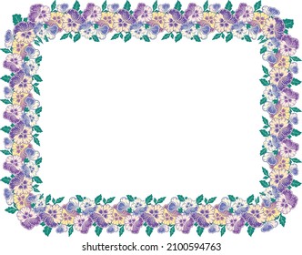 Decorative vector frame from colorful pansy flower heads with green leaves
