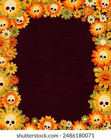 A decorative vector frame composed of orange and yellow flowers with skull centers, surrounded by green leaves. The design is reminiscent of Day of the Dead celebrations, set against a dark background