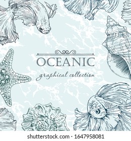 Decorative vector frame with fish, seashells and starfish. Perfect for cards, invitations and photo design.