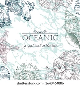 Decorative vector frame with fish, seashells and starfish. Perfect for cards, invitations and photo design.