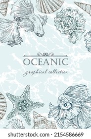 Decorative vector frame with fish, seashells and starfish. Perfect for cards, invitations and photo design.	