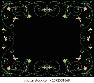 Decorative vector frame with floral tendrils and flying butterflies