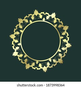 Decorative vector frame. Golden circular pattern on dark green background. Element for design.