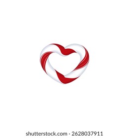 Decorative vector frame in heart shape, striped candy cane. Sweet empty mockup for holiday decoration. Template with white and red stripes. Cartoon style. Isolated background.